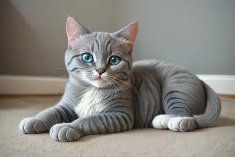 Das Bild zeigt eine graue Katze mit weißer Brust und und weißer Hinterpfote. Die Katze liegt leicht seitlich und sieht in die Kamera. Die weiße Hinterpfote weist KI-typische Unsauberkeit in der Darstellung auf.